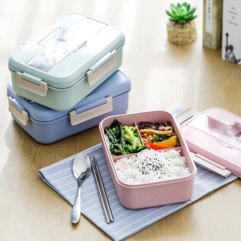 Hộp cơm lúa mạch 3 ngăn kèm đũa thìa